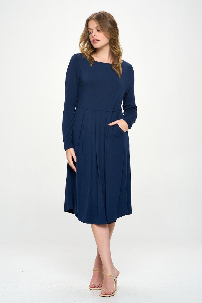 Charlee Long Sleeve A-line Knit Dress with Pockets - Dark Navy
