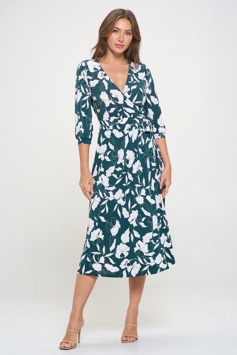 Hadley Three Quarter Sleeve Full Wrap Dress - Green White Floral