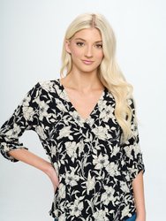 Hollie Roll-tab Sleeve Knit Blouse - Black Floral