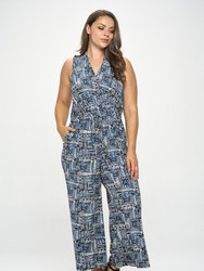 Jillian Plus Size Sleeveless Knit Jumpsuit - Blue Aztec
