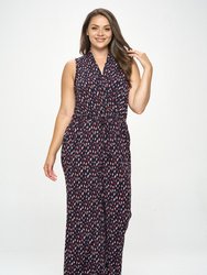Jillian Plus Size Sleeveless Knit Jumpsuit - Navy Red Non Print