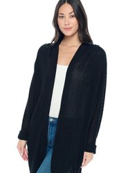 Karla Long Oversized Waffle Knit Cardigan With Pockets - Black