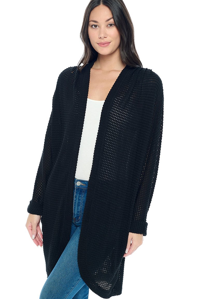 Karla Long Oversized Waffle Knit Cardigan With Pockets - Black