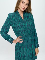Kate Long Sleeve Shirt Dress Mini - Green Teal Abstract