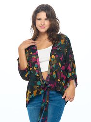 Leigh Tie Front Kimono - Black Multi Abstract Print