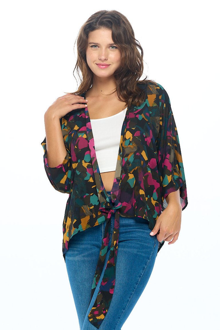 Leigh Tie Front Kimono - Black Multi Abstract Print