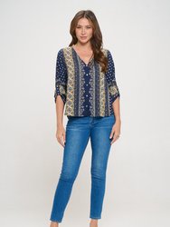 Lina Roll-Tab Sleeve V-Neck Blouse