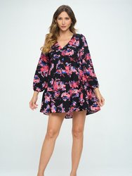 Suzanna Long Sleeve Babydoll Dress - Magenta Floral