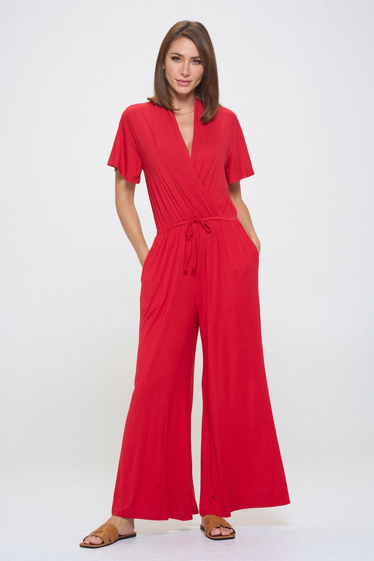 Tiffany Flutter Sleeve Knit Jumpsuit - Red
