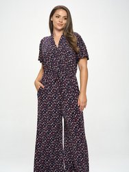 Tiffany Plus Size Flutter Sleeve Knit Jumpsuit - Dark Navy Multi