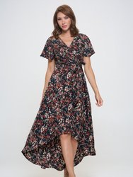 Woven Georgia Faux Wrap Dress With High-Low Hem And Tie Waist - Black Multi Floral