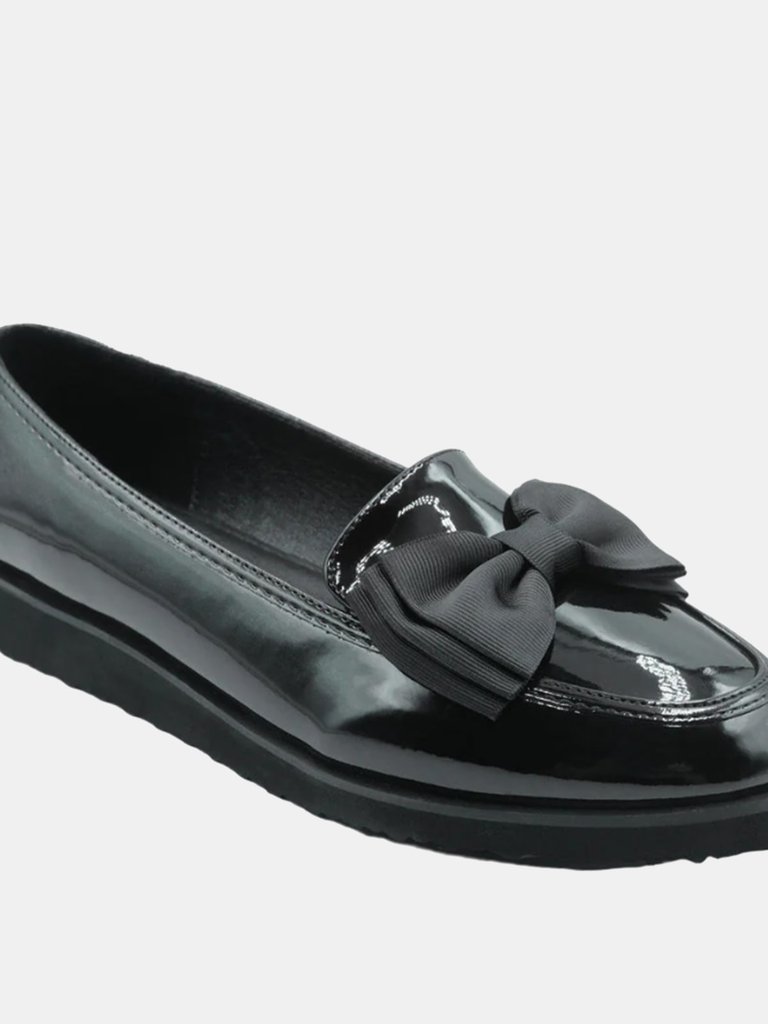 Where's That From Womens/Ladies Alpha Bow Patent Faux Leather Wide Loafers (Black) (7) - Black