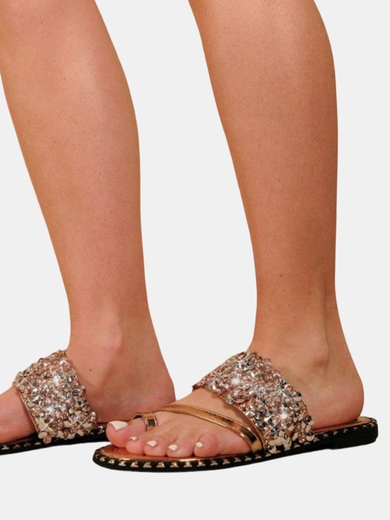 Where's That From Womens/Ladies Phoebe Sparkle Diamante Flat Sliders (Rose Gold) (5)