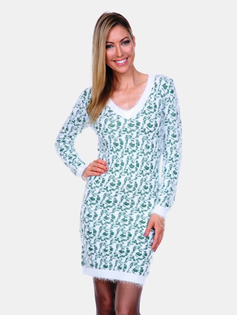 Angora Like Sweater Dresss - Green