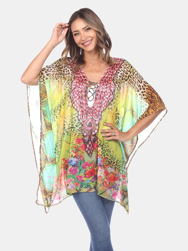 Animal Print Caftan with Tie-up Neckline - Yellow Leopard