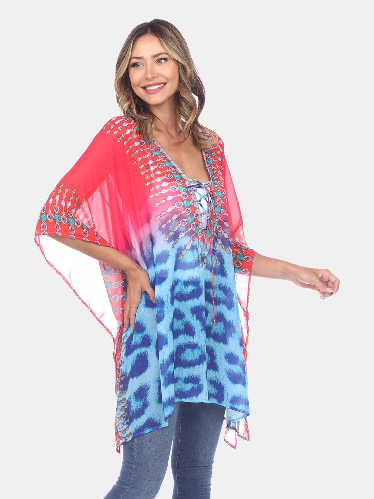 Animal Print Caftan with Tie-up Neckline - Pink Leopard