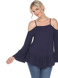 Cold Shoulder Ruffle Sleeve Top - Navy