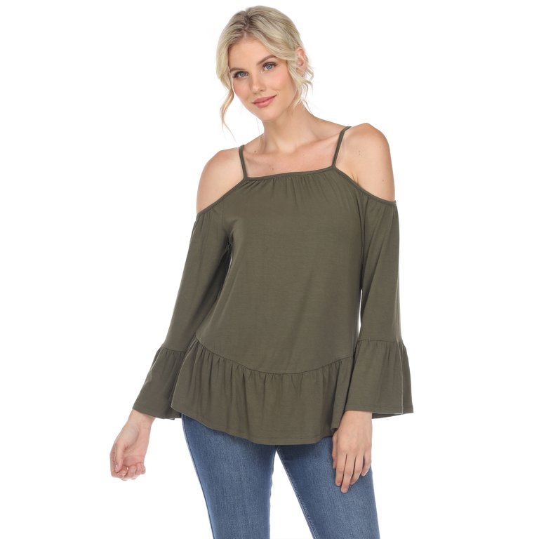Cold Shoulder Ruffle Sleeve Top - Olive