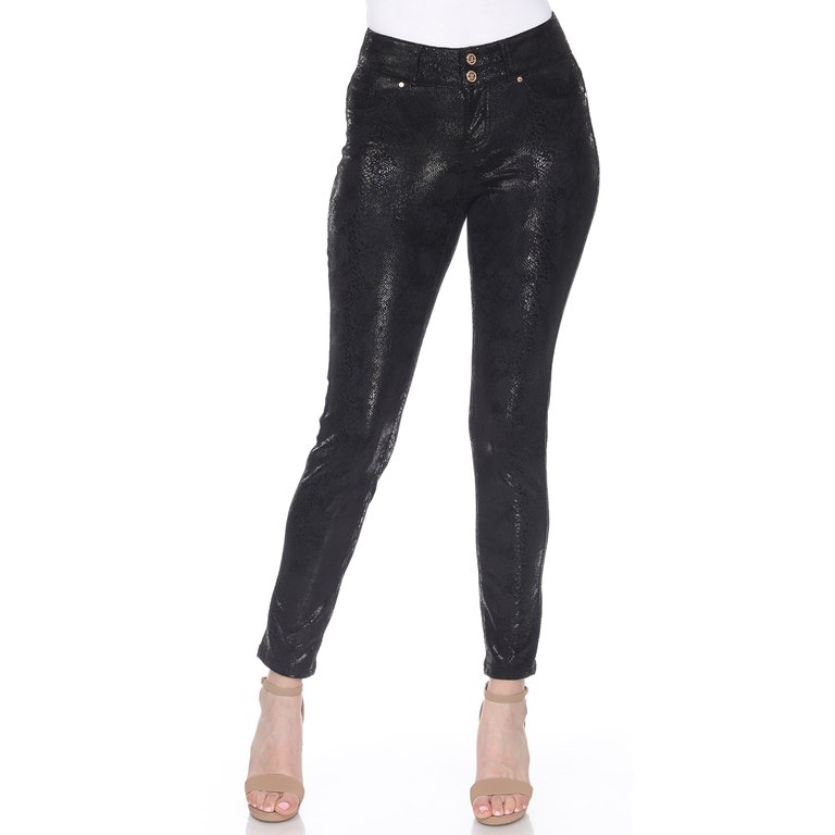 Faux Suede Snake Print Pants - Black