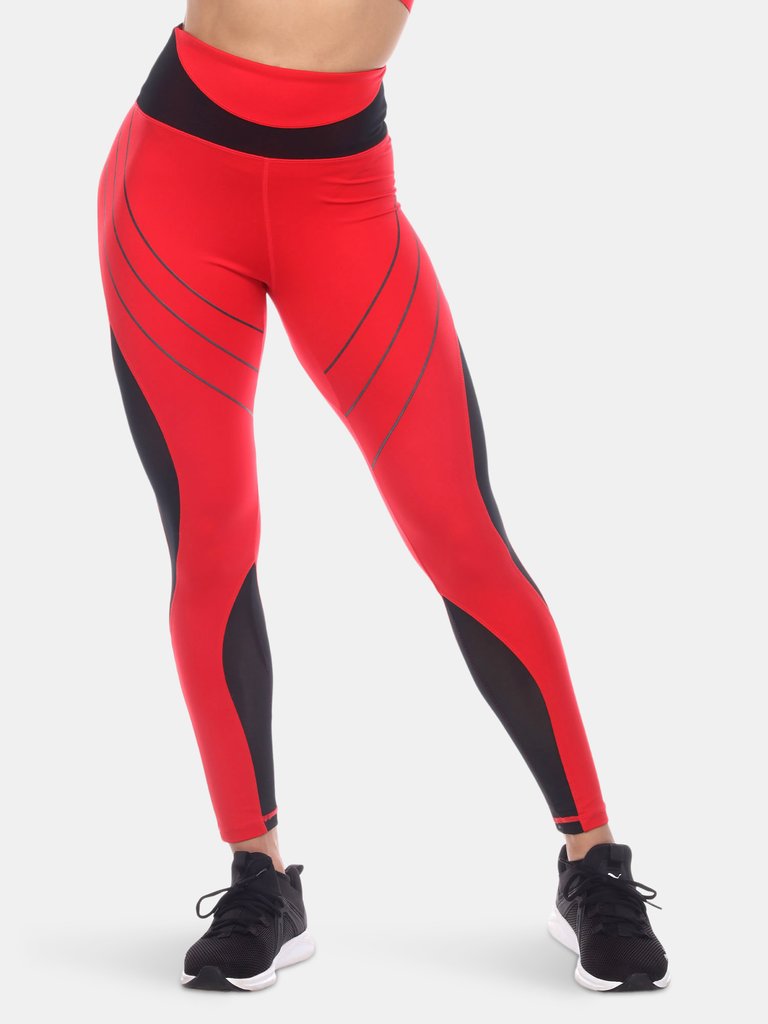 High-Waist Reflective Piping Fitness Leggings - Red