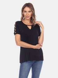 Keyhole Neck Cutout Short Sleeve Top - Black