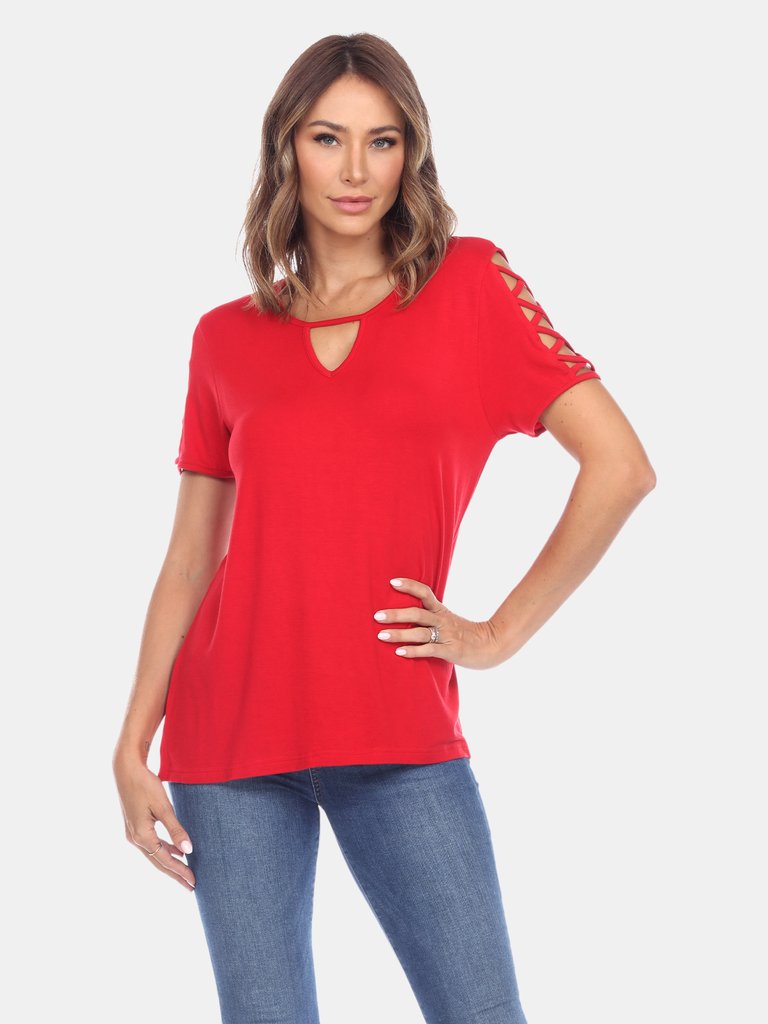 Keyhole Neck Cutout Short Sleeve Top - Red
