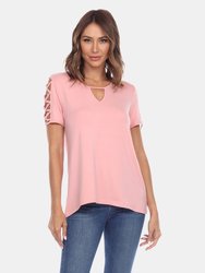 Keyhole Neck Cutout Short Sleeve Top - Rose