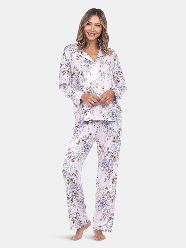 Long Sleeve Floral Pajama Set - Grey Flower