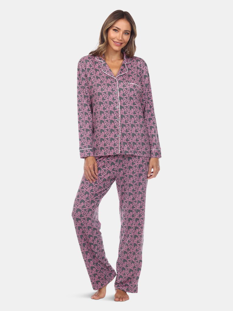 Long Sleeve Floral Pajama Set - Grey Hearts