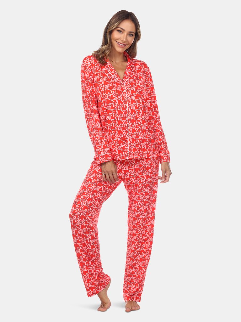 Long Sleeve Floral Pajama Set - Red Hearts