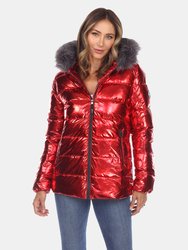 Metallic Puffer Coat with Hoodie - Red