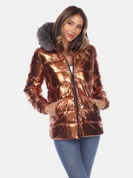 Metallic Puffer Coat with Hoodie - Bronze