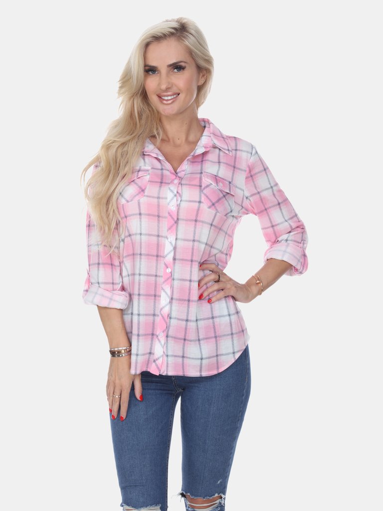 Oakley Stretchy Plaid Top - Pink/White