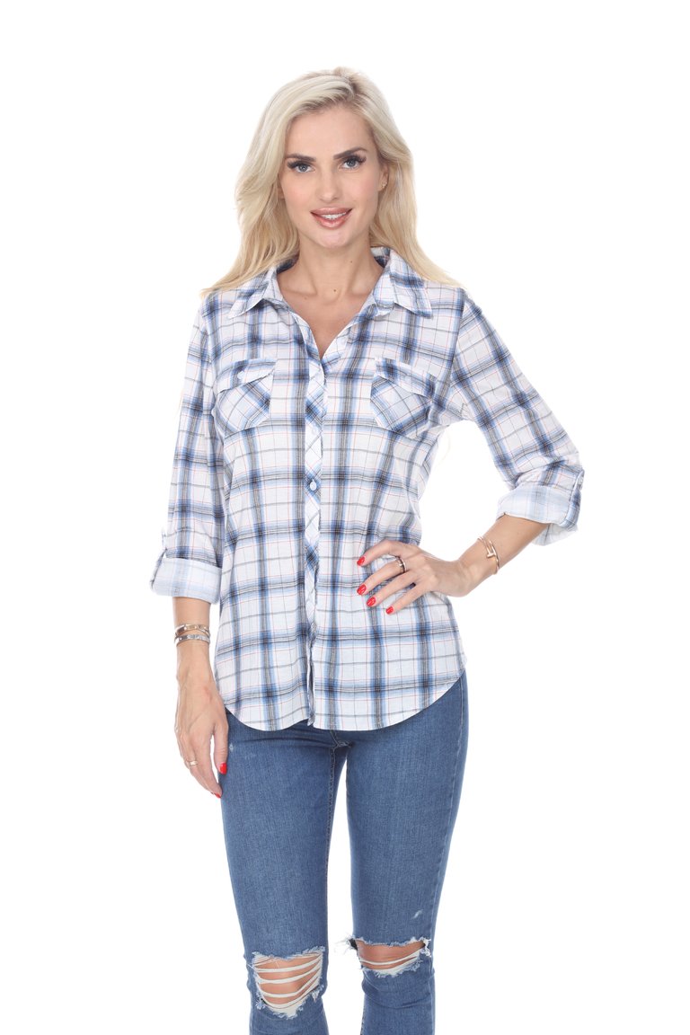 Oakley Stretchy Plaid Top - Blue / White
