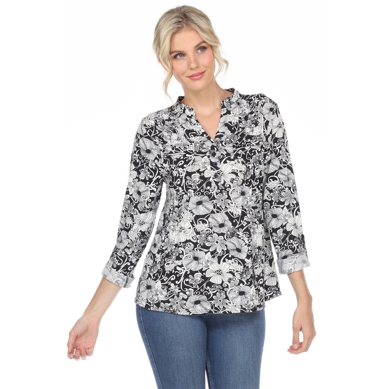 Pleated Long Sleeve Floral Print Blouse - Black