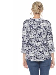 Pleated Long Sleeve Floral Print Blouse