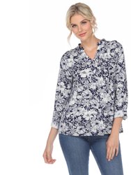 Pleated Long Sleeve Floral Print Blouse - Navy