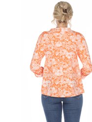 Pleated Long Sleeve Floral Print Blouse