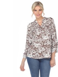 Pleated Long Sleeve Floral Print Blouse - Brown