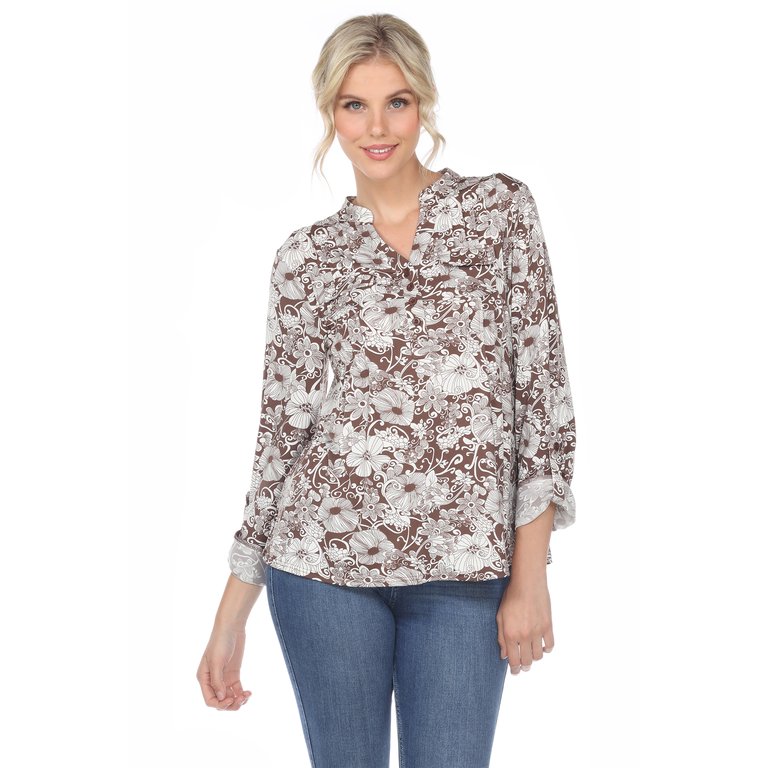 Pleated Long Sleeve Floral Print Blouse - Brown