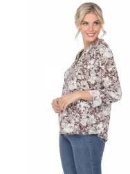 Pleated Long Sleeve Floral Print Blouse