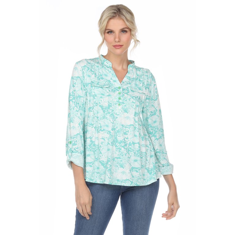 Pleated Long Sleeve Floral Print Blouse - Mint