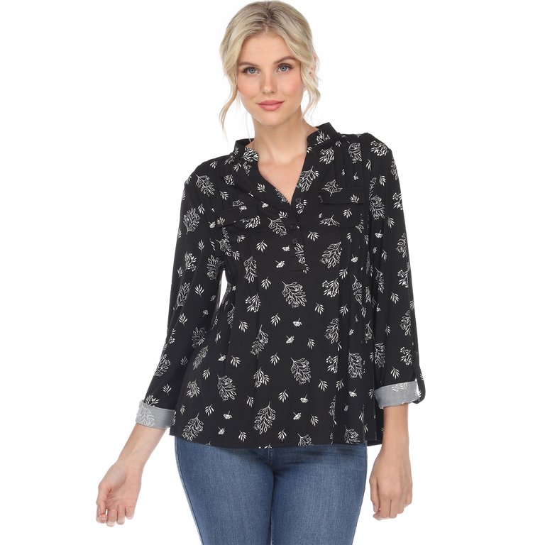 Pleated Long Sleeve Leaf Print Blouse - Black