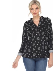 Pleated Long Sleeve Leaf Print Blouse - Black