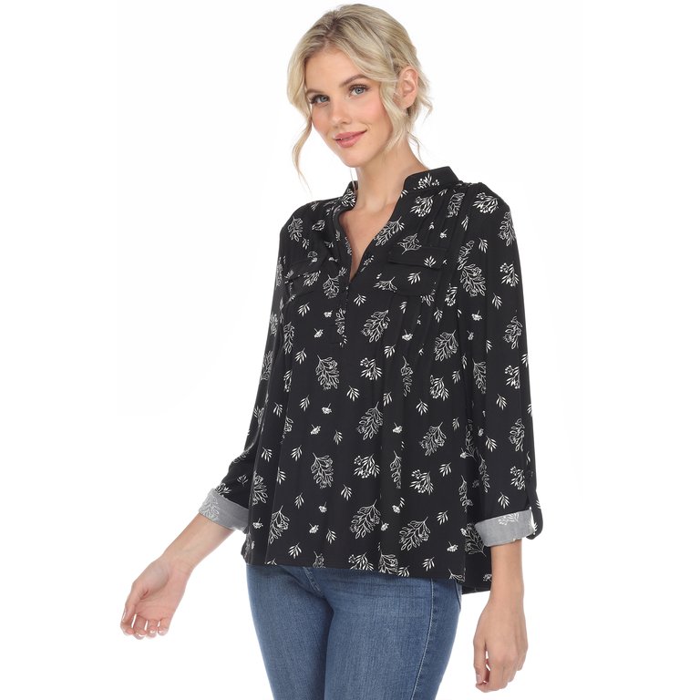 Pleated Long Sleeve Leaf Print Blouse