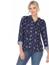 Pleated Long Sleeve Leaf Print Blouse - Navy