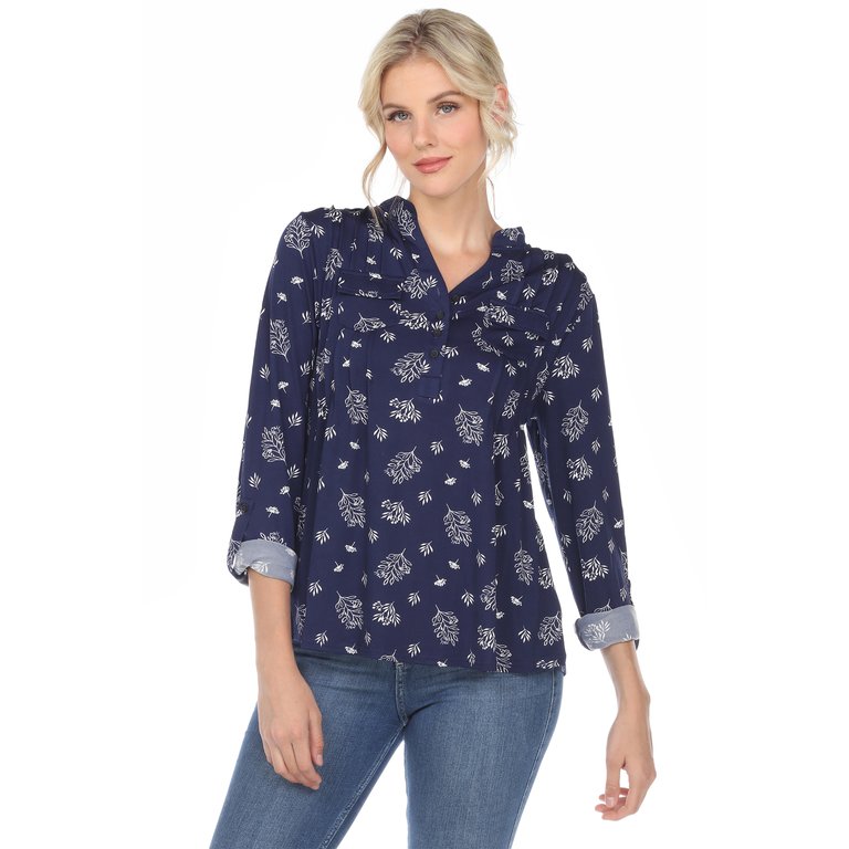 Pleated Long Sleeve Leaf Print Blouse - Navy