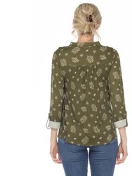 Pleated Long Sleeve Leaf Print Blouse