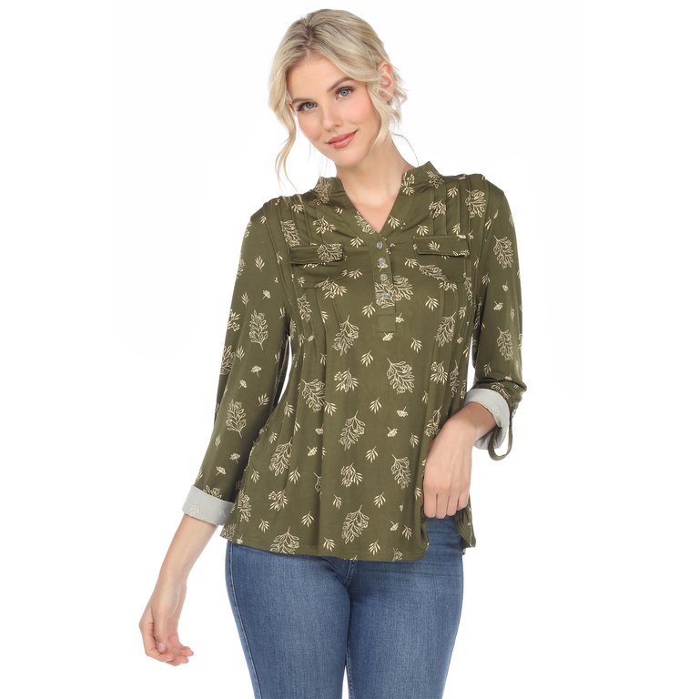 Pleated Long Sleeve Leaf Print Blouse - Olive