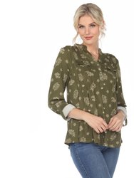 Pleated Long Sleeve Leaf Print Blouse